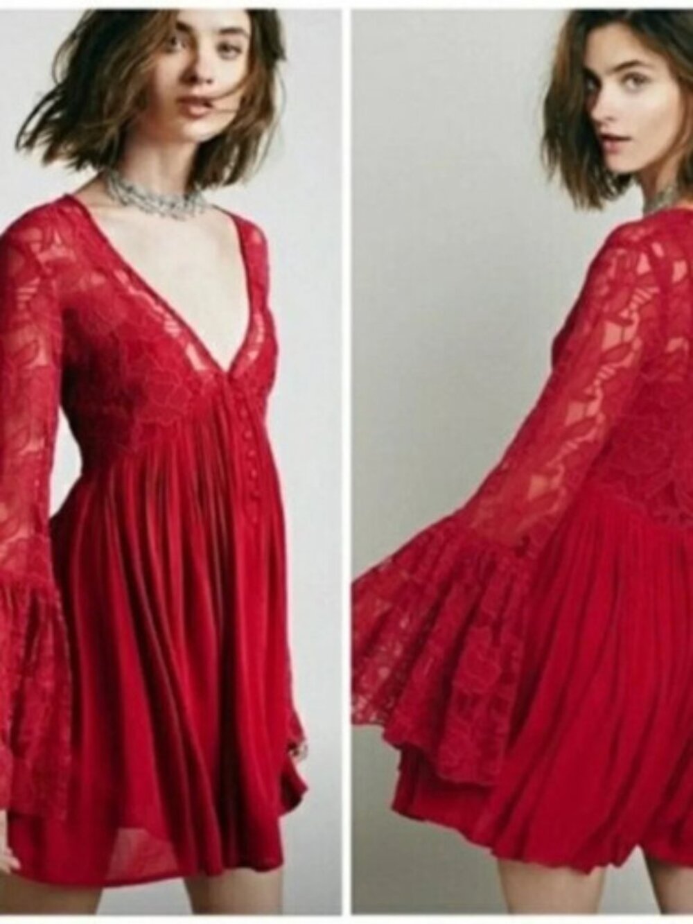 Free People Red Floral Lace Embroidered India With Love Bell Sleeve Boho Dress